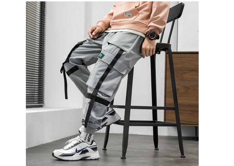 Streetwear Hip Hop Cargo Pants Spring Autumn Mens Baggy Pockets Ribbon Joggers Pants Men Japanes Style Black Harem Pants | Vimost Shop.