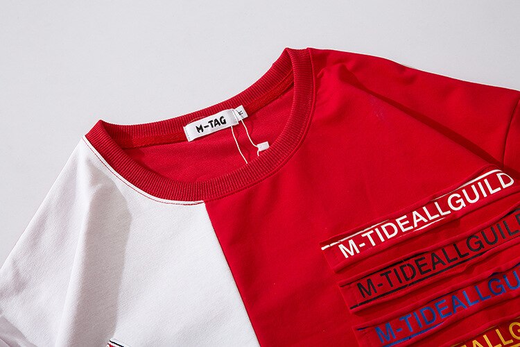 Letter Ribbons Sticker Hip Pop T-shirt for Men Patchwork Tops & Tees Casual T Shirt Streetwear Dance Hit Color Tshirt Print | Vimost Shop.