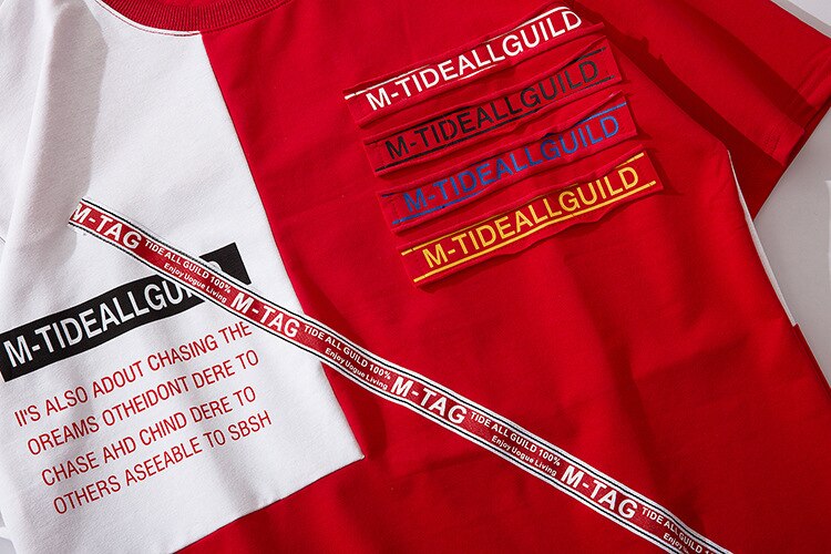 Letter Ribbons Sticker Hip Pop T-shirt for Men Patchwork Tops & Tees Casual T Shirt Streetwear Dance Hit Color Tshirt Print | Vimost Shop.