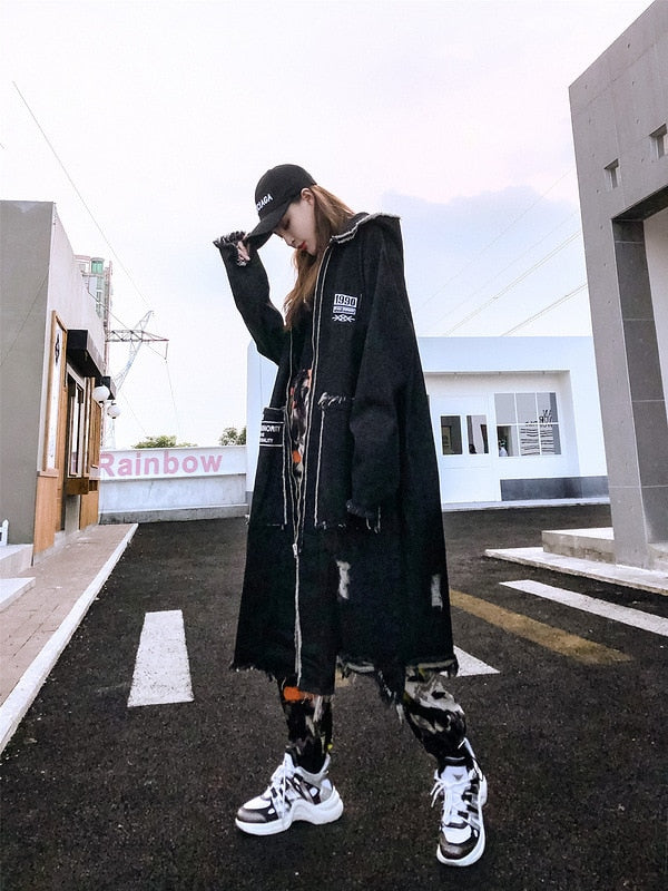 Hip Hop Hole Hooded Long Trench Jackets Coats Men Raw Edge Cloak Male Capes Gothic Punk Steampunk Overcoat Print Denim Full GUYI | Vimost Shop.