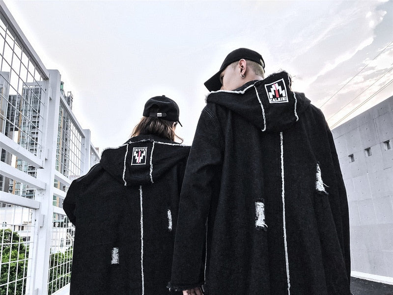 Hip Hop Hole Hooded Long Trench Jackets Coats Men Raw Edge Cloak Male Capes Gothic Punk Steampunk Overcoat Print Denim Full GUYI | Vimost Shop.