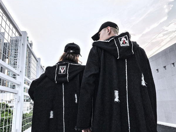 Hip Hop Hole Hooded Long Trench Jackets Coats Men Raw Edge Cloak Male Capes Gothic Punk Steampunk Overcoat Print Denim Full GUYI | Vimost Shop.