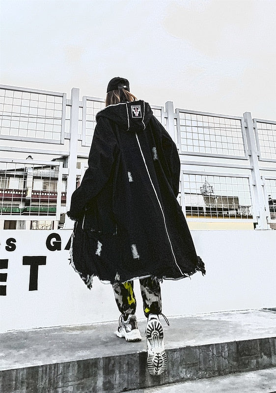 Hip Hop Hole Hooded Long Trench Jackets Coats Men Raw Edge Cloak Male Capes Gothic Punk Steampunk Overcoat Print Denim Full GUYI | Vimost Shop.