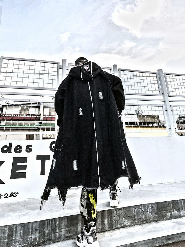 Hip Hop Hole Hooded Long Trench Jackets Coats Men Raw Edge Cloak Male Capes Gothic Punk Steampunk Overcoat Print Denim Full GUYI | Vimost Shop.