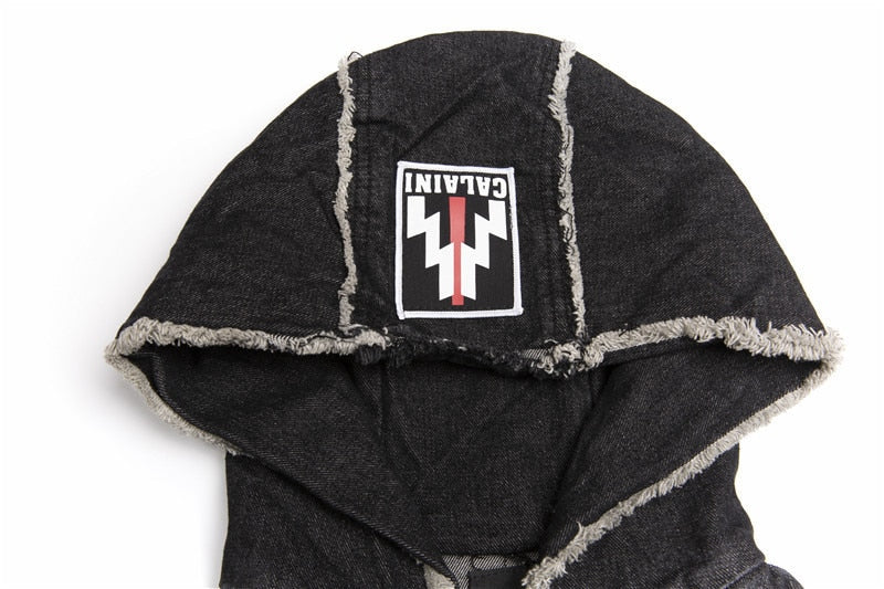 Hip Hop Hole Hooded Long Trench Jackets Coats Men Raw Edge Cloak Male Capes Gothic Punk Steampunk Overcoat Print Denim Full GUYI | Vimost Shop.