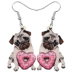 Acrylic Valentine's Day Donuts Bulldog Pug Dog Earrings Animal Drop Dangle Jewelry For Lady Girls Teens Lovers Charm Gift