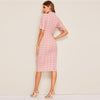 Mock-Neck Grid Textured Pencil Dress Elegant Women Pink Zipper Stand Collar Summer Dress Short Sleeve Bodycon Dress | Vimost Shop.