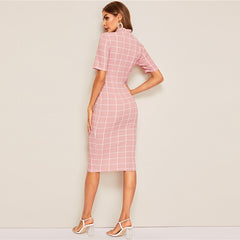 Mock-Neck Grid Textured Pencil Dress Elegant Women Pink Zipper Stand Collar Summer Dress Short Sleeve Bodycon Dress