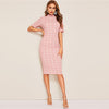 Mock-Neck Grid Textured Pencil Dress Elegant Women Pink Zipper Stand Collar Summer Dress Short Sleeve Bodycon Dress | Vimost Shop.
