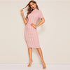 Mock-Neck Grid Textured Pencil Dress Elegant Women Pink Zipper Stand Collar Summer Dress Short Sleeve Bodycon Dress | Vimost Shop.