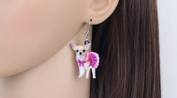 Acrylic Pink Dress Chihuahua Dog Earrings Big Long Dangle Drop Animal Jewelry For Girls Women Ladies Teen Accessories Pet | Vimost Shop.