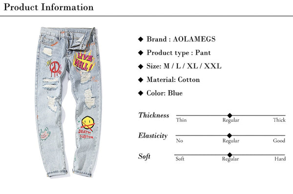 Men Broken Hole Trousers Cute Letter Print Jeans High Street Casual Streetwear | Vimost Shop.