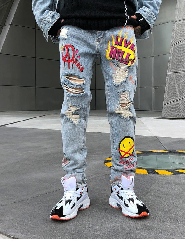 Men Broken Hole Trousers Cute Letter Print Jeans High Street Casual Streetwear | Vimost Shop.