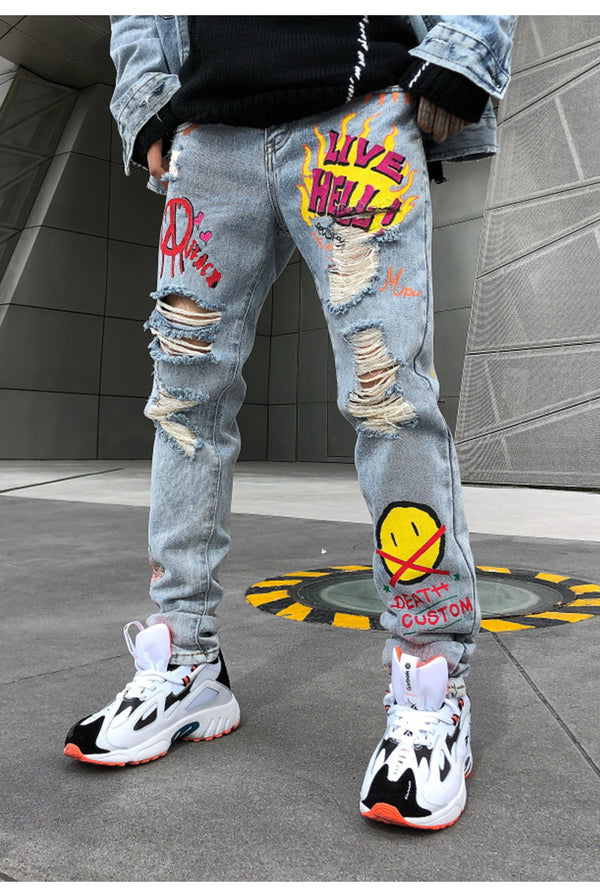 Men Broken Hole Trousers Cute Letter Print Jeans High Street Casual Streetwear | Vimost Shop.