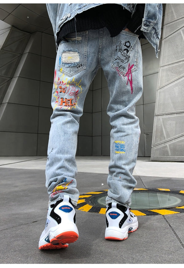 Men Broken Hole Trousers Cute Letter Print Jeans High Street Casual Streetwear | Vimost Shop.