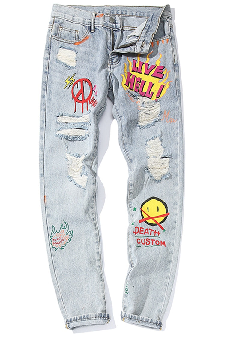 Men Broken Hole Trousers Cute Letter Print Jeans High Street Casual Streetwear | Vimost Shop.