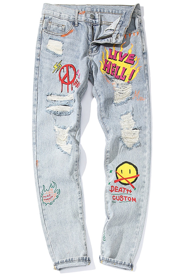 Men Broken Hole Trousers Cute Letter Print Jeans High Street Casual Streetwear | Vimost Shop.