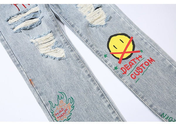 Men Broken Hole Trousers Cute Letter Print Jeans High Street Casual Streetwear | Vimost Shop.