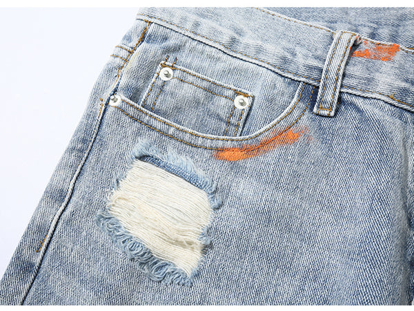 Men Broken Hole Trousers Cute Letter Print Jeans High Street Casual Streetwear | Vimost Shop.