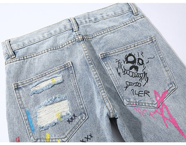 Men Broken Hole Trousers Cute Letter Print Jeans High Street Casual Streetwear | Vimost Shop.