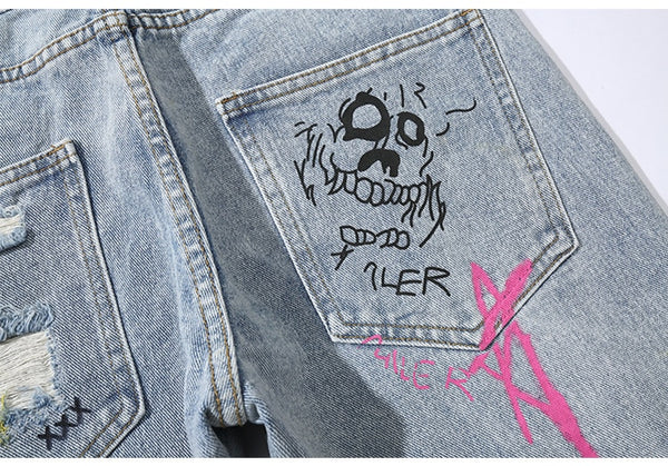 Men Broken Hole Trousers Cute Letter Print Jeans High Street Casual Streetwear | Vimost Shop.