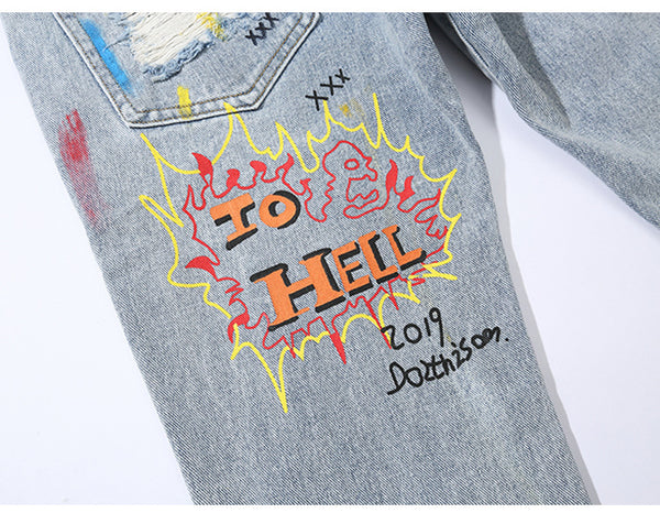 Men Broken Hole Trousers Cute Letter Print Jeans High Street Casual Streetwear | Vimost Shop.