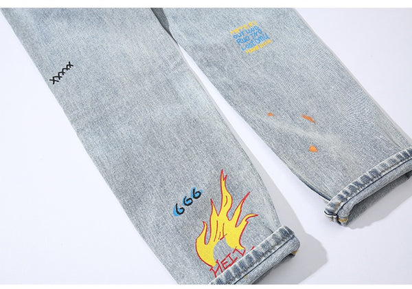 Men Broken Hole Trousers Cute Letter Print Jeans High Street Casual Streetwear | Vimost Shop.