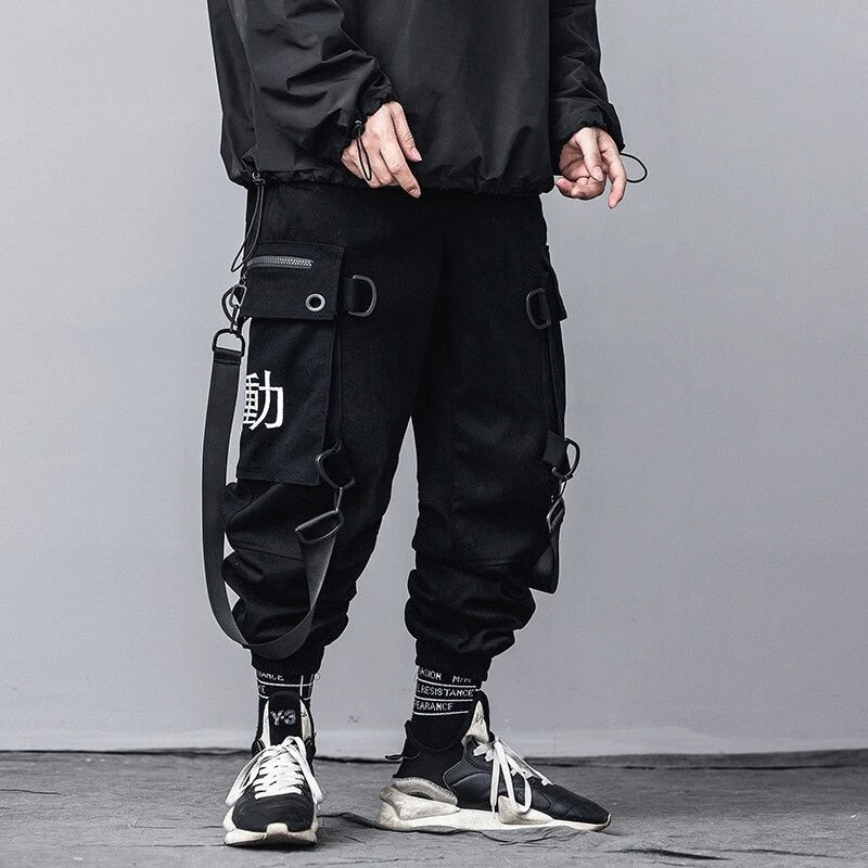 Kanji Ribbons Cargo Pants Men Multi Pockets Harajuku Hip Hop Streetwear Joggers Trouser Techwear Pants | Vimost Shop.