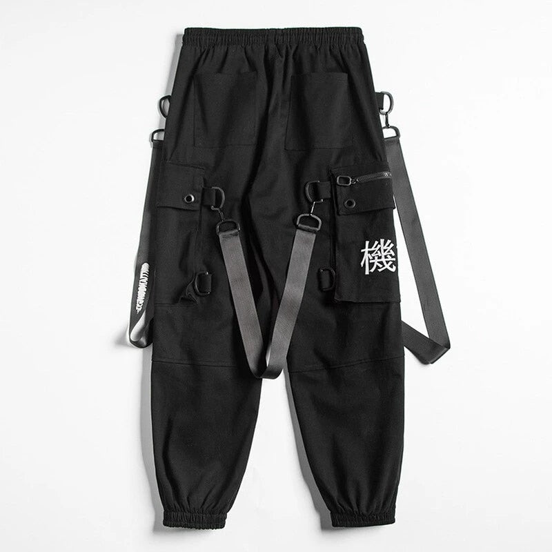 Kanji Ribbons Cargo Pants Men Multi Pockets Harajuku Hip Hop Streetwear Joggers Trouser Techwear Pants | Vimost Shop.