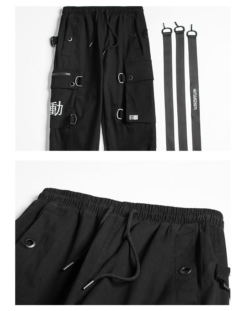 Kanji Ribbons Cargo Pants Men Multi Pockets Harajuku Hip Hop Streetwear Joggers Trouser Techwear Pants | Vimost Shop.