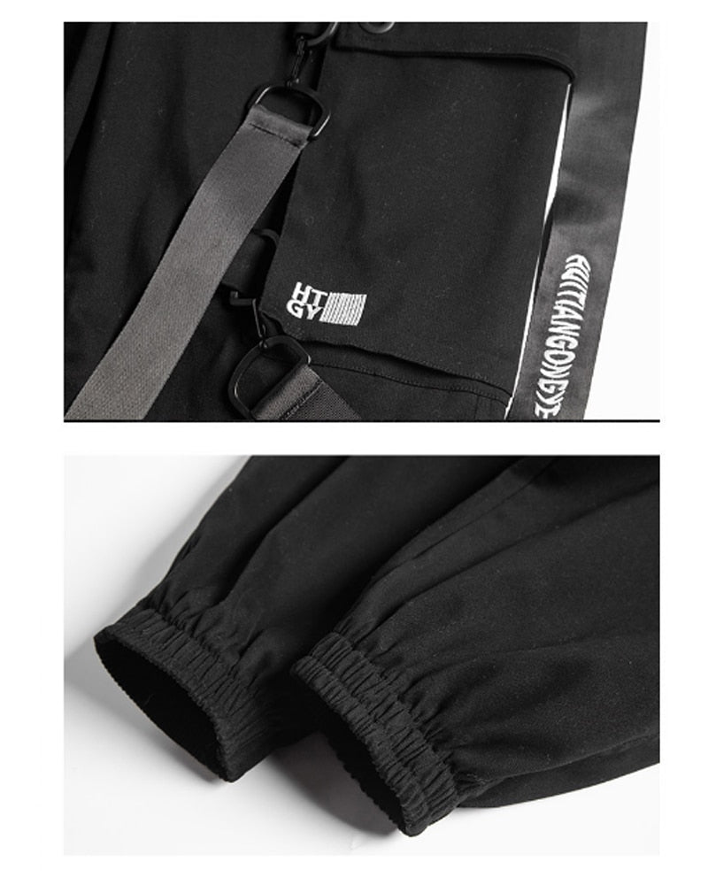 Kanji Ribbons Cargo Pants Men Multi Pockets Harajuku Hip Hop Streetwear Joggers Trouser Techwear Pants | Vimost Shop.