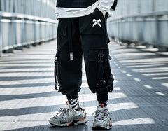 Ribbons Casual Hip Hop Cargo Pants Mens Summer Elastic Waist Japanese Streetwear Harajuku Joggers Trousers