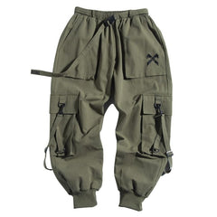 Ribbons Casual Hip Hop Cargo Pants Mens Summer Elastic Waist Japanese Streetwear Harajuku Joggers Trousers