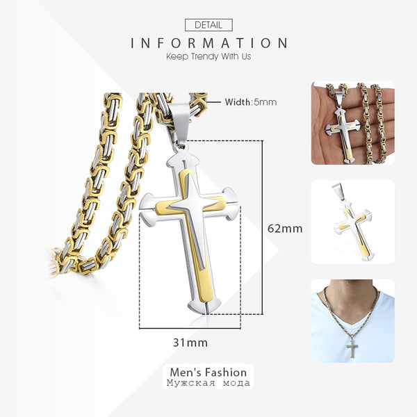 Men's Cross Necklace Gold Black Cross Pendant Stainless Steel Byzantine Chain Necklace  Hip Hop Male Jewelry | Vimost Shop.