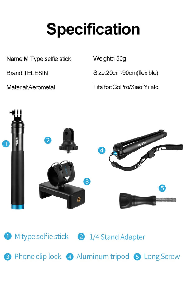 6 in 1 Extendable Aluminum Alloy Selfie Stick + Detachable Tripod Mount Phone Holder for GoPro SJCAM Xiaomi Yi Cameras | Vimost Shop.