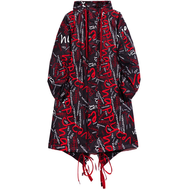 Extra Long Jacket Trench Men Full Letter Print Harajuku Windbreaker Nightclub Overcoat Male Casual Outwear KJ166 | Vimost Shop.