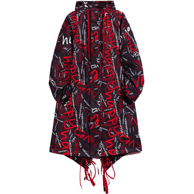 Extra Long Jacket Trench Men Full Letter Print Harajuku Windbreaker Nightclub Overcoat Male Casual Outwear KJ166 | Vimost Shop.