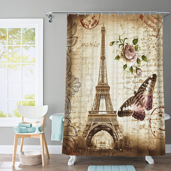 Paris Tower Landscape 3D Waterproof Shower Curtains Bathroom Curtain Sets Anti Slip Pedestal Rug Lid Toilet Cover Bath Mat Set | Vimost Shop.