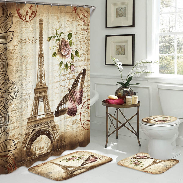 Paris Tower Landscape 3D Waterproof Shower Curtains Bathroom Curtain Sets Anti Slip Pedestal Rug Lid Toilet Cover Bath Mat Set | Vimost Shop.
