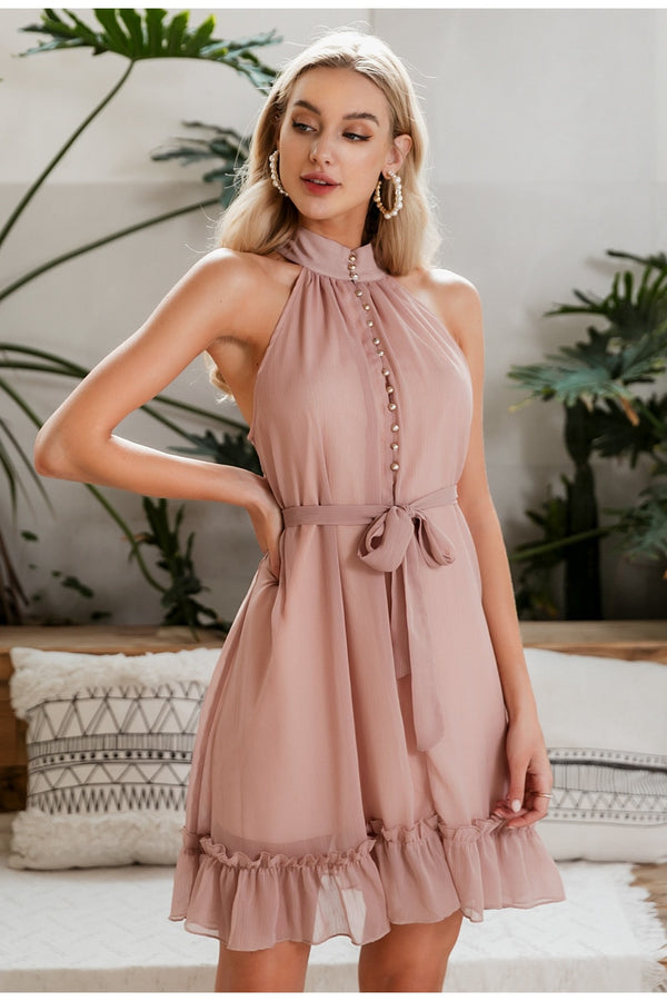 Sexy sleeveless women dress Solid ruffled sash buttons party summer dress | Vimost Shop.