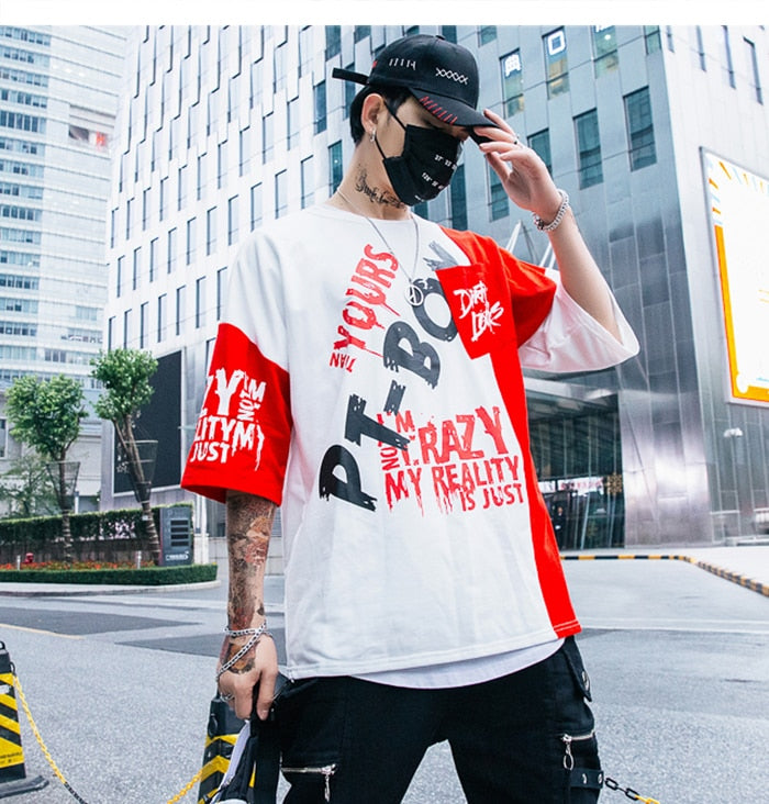 Men Color Patchwork Letter Print Male Short Sleeve Hip Hop Tops Summer T Shirt Couple Harajuku Streetwear | Vimost Shop.