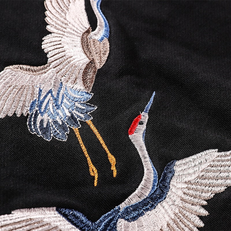 Japanese Crane Bird Embroidered Pullover Hooded Sweatshirts Hoodies Men Harajuku Hip Hop Hoodie Streetwear Tops | Vimost Shop.