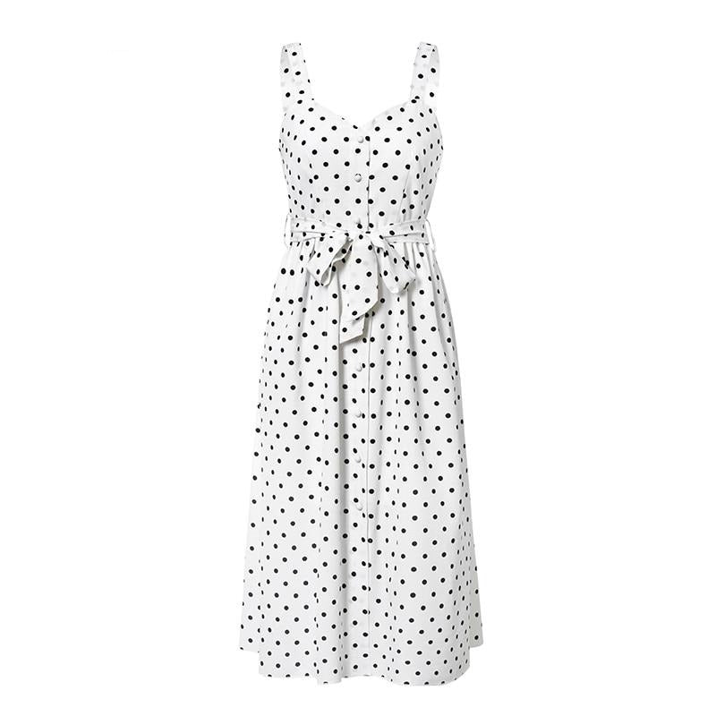 Simplee Polka dot women dress Sleeveless buttons belt bodycon beach midi dress Streetwear casual beach wear holiday summer dress | Vimost Shop.