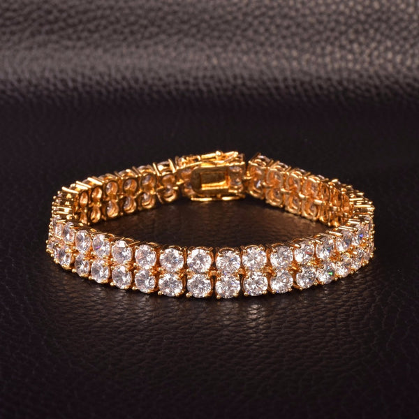 Mens Zircon Tennis Bracelet Chain Charm Hip Hop Style Fashion Jewelry Iced Finish 2 Row Gold Color Tone AAA CZ Bracelet Link 8