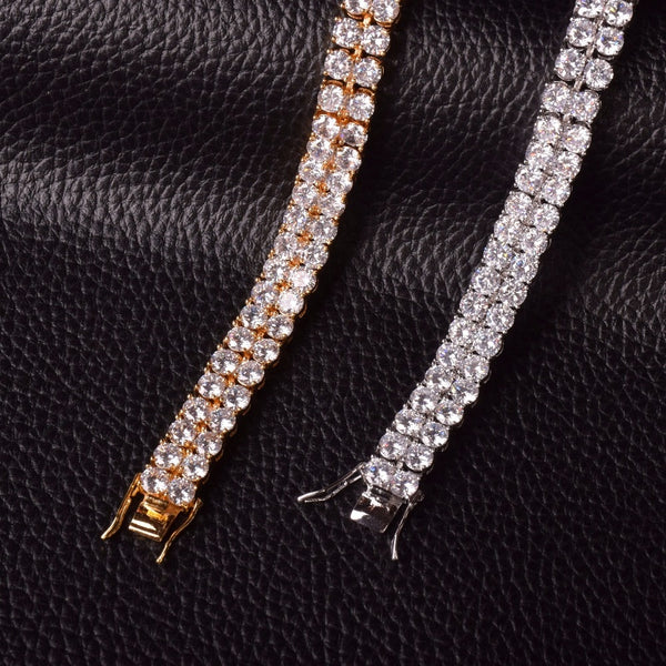 Mens Zircon Tennis Bracelet Chain Charm Hip Hop Style Fashion Jewelry Iced Finish 2 Row Gold Color Tone AAA CZ Bracelet Link 8