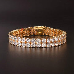 Mens Zircon Tennis Bracelet Chain Charm Hip Hop Style Fashion Jewelry Iced Finish 2 Row Gold Color Tone AAA CZ Bracelet Link 8"