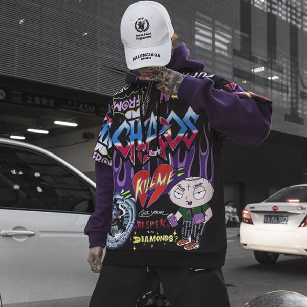 Men Fake 2 Pieces Hoodies For Men Letter Graffiti Harajuku High Street Style Oversize Hip Hop Fleece Couple Sweatshirt