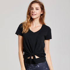 Women's Pima Cotton Workout Short Sleeve V-Neck Tie T Shirt Tops