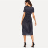 Navy Elegant Round Neck Short Sleeve Mixed Stripe Natural Waist Smock Dress Summer Women Weekend Casual Dresses | Vimost Shop.