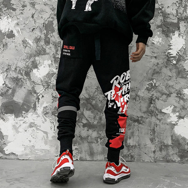 Sweatpants Cool Letter Print Pants Men Harajuku Patchwork Ribbon Harem Pants Streetwear | Vimost Shop.